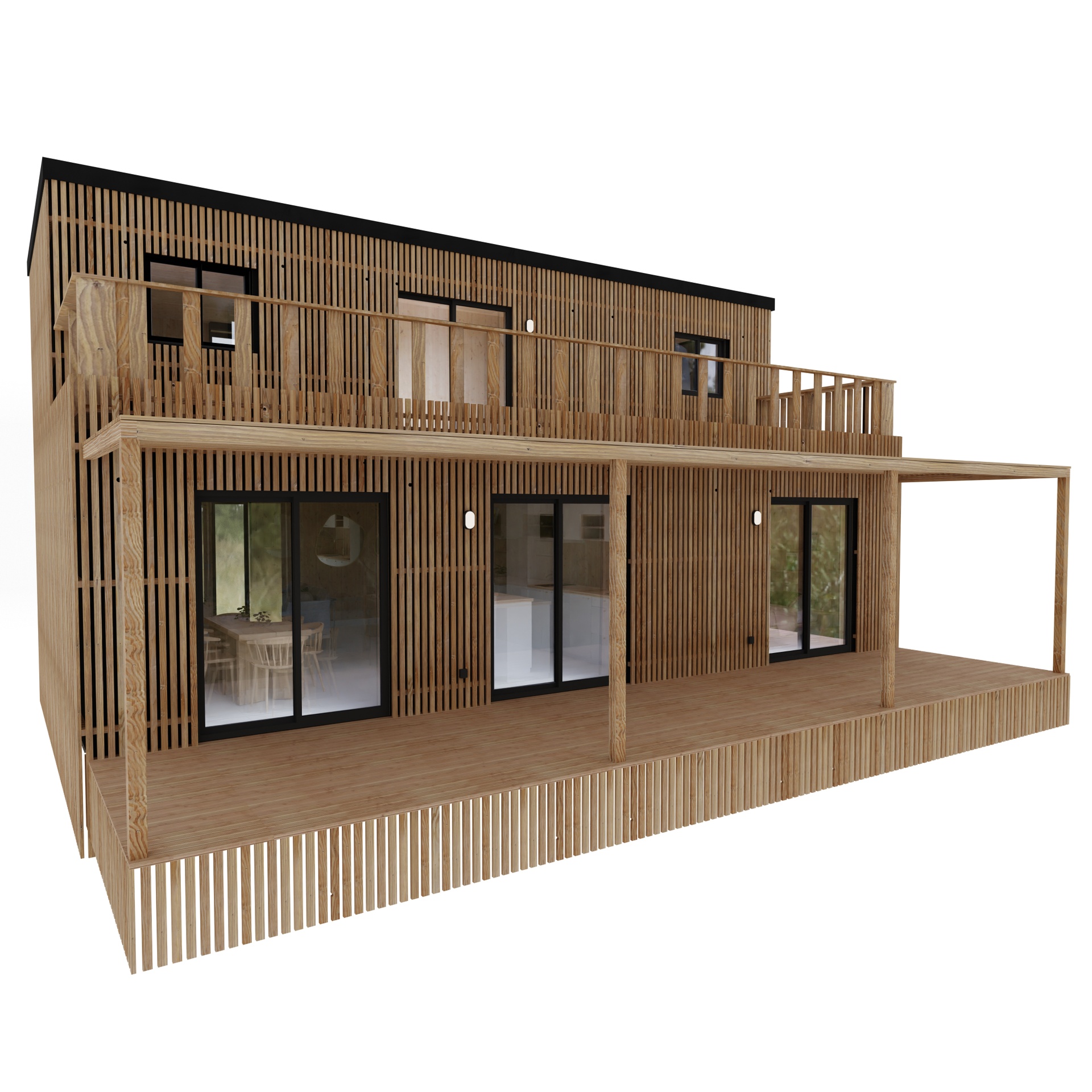 Maison ossature bois Greenkub M100T, 100 m² à étage, façade bardage mixte Viroc et bois Douglas