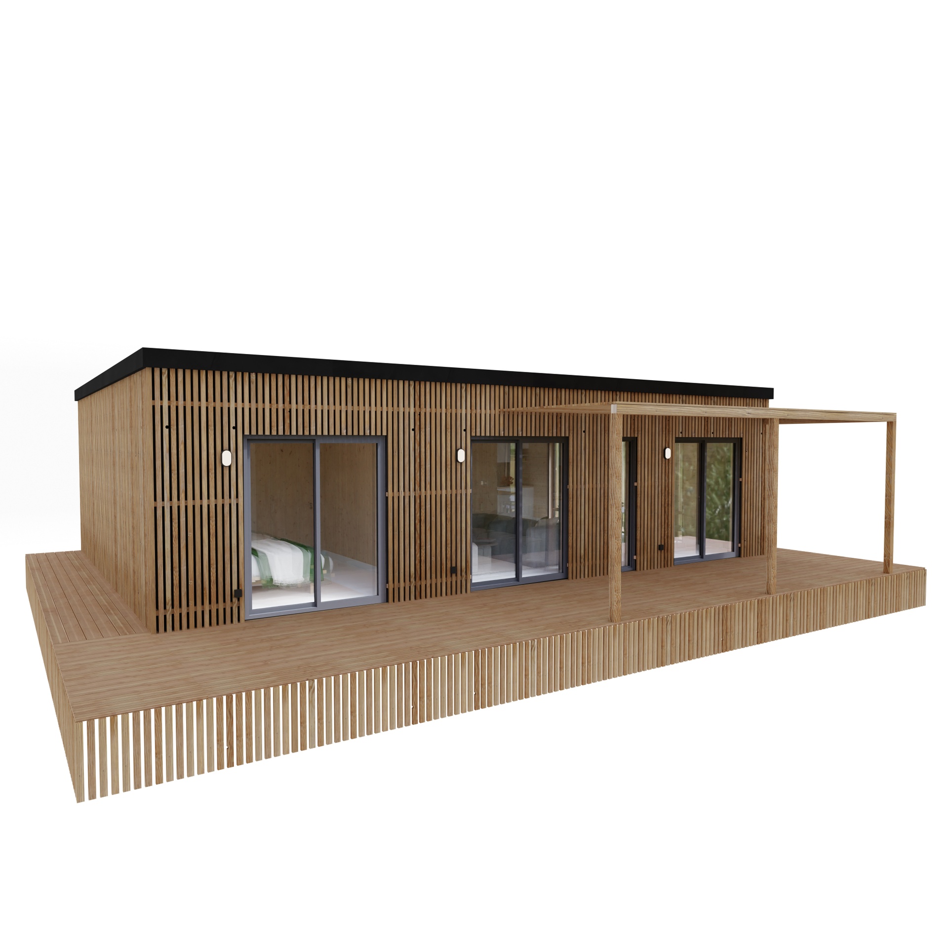 Maison ossature bois Greenkub M70R, 70 m² de plain-pied, façade bardage mixte Viroc et bois Douglas