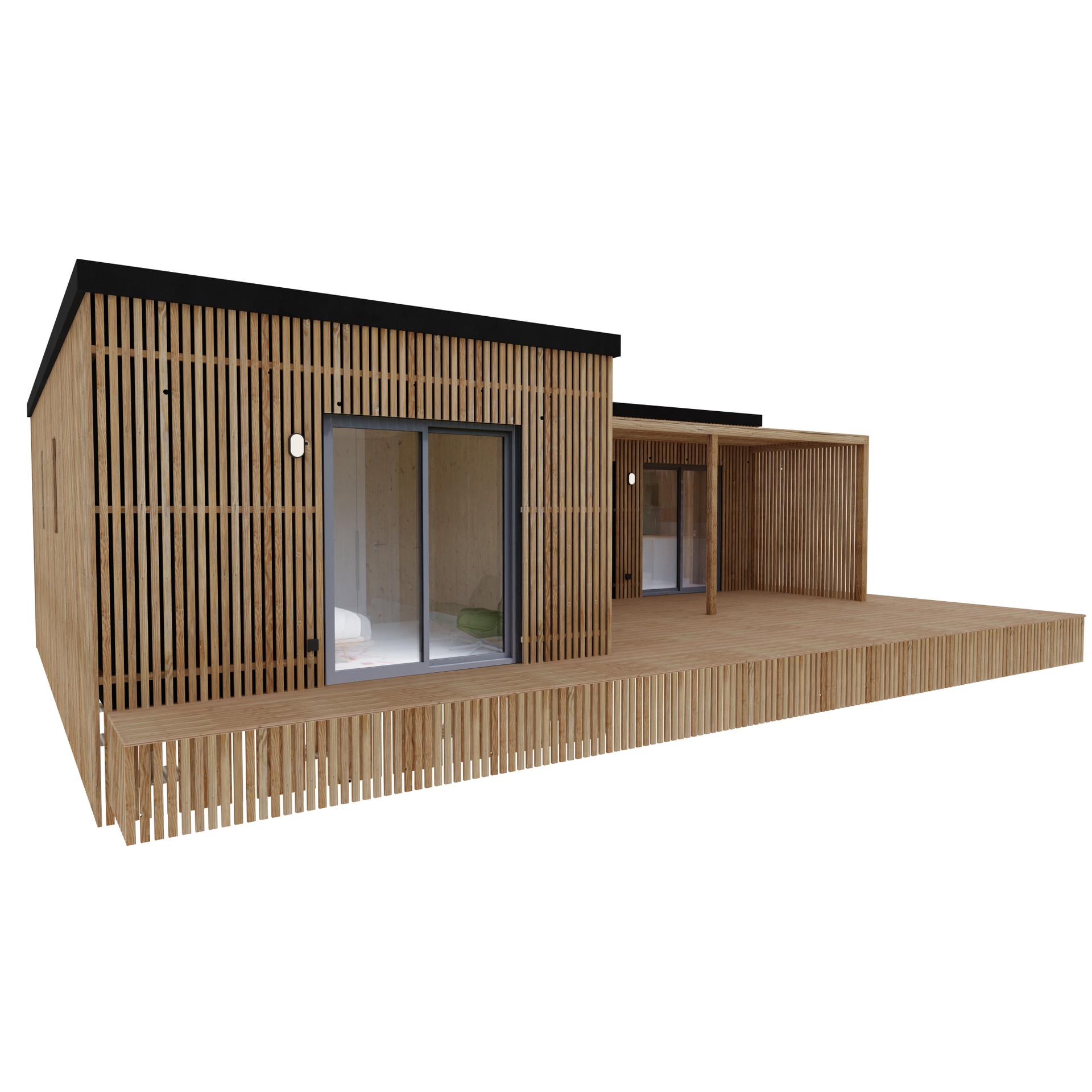 Maison ossature bois Greenkub M60L, 60 m² de plain-pied, façade bardage mixte Viroc et bois Douglas