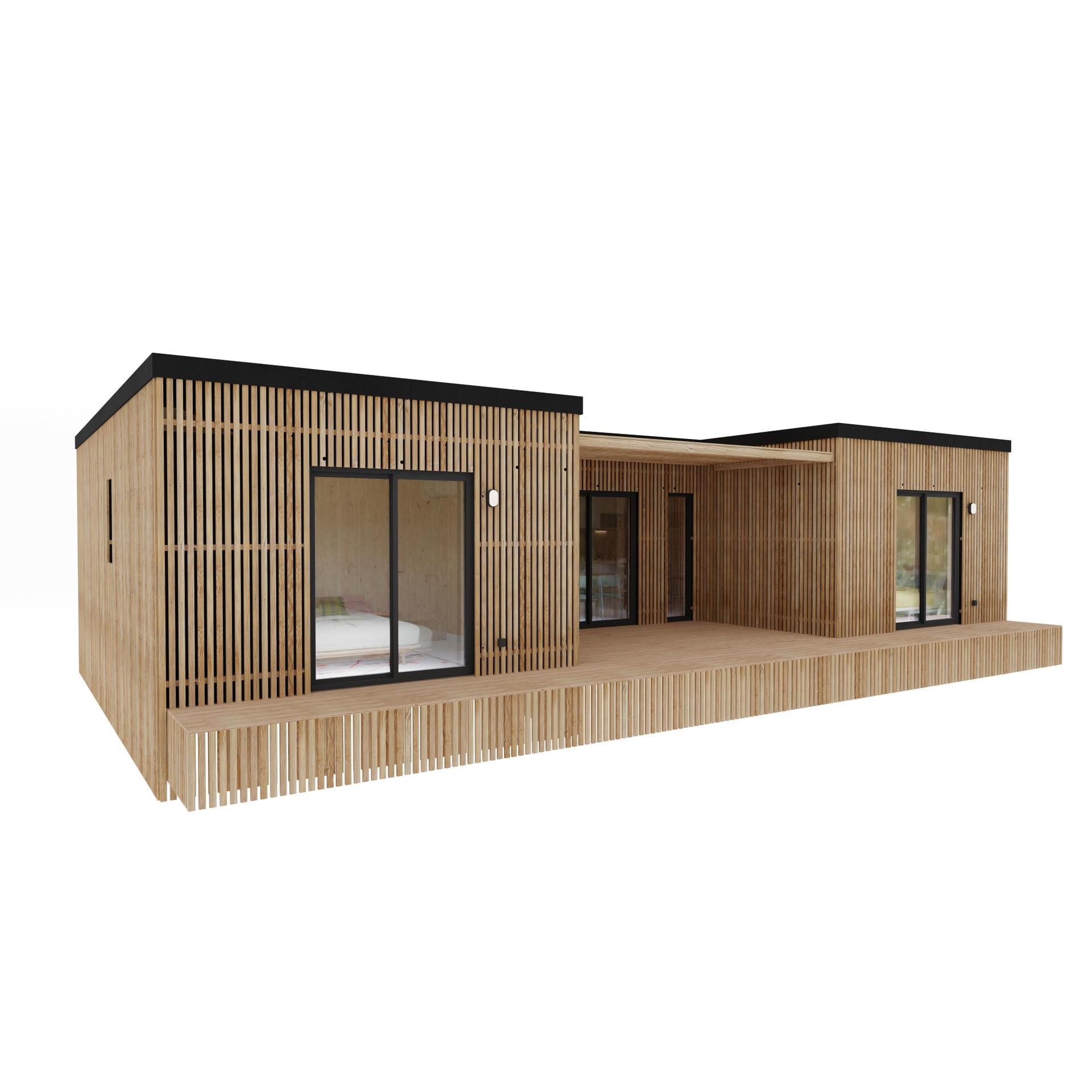 Maison ossature bois Greenkub M80U, 80 m² de plain-pied, façade bardage mixte Viroc et bois Douglas