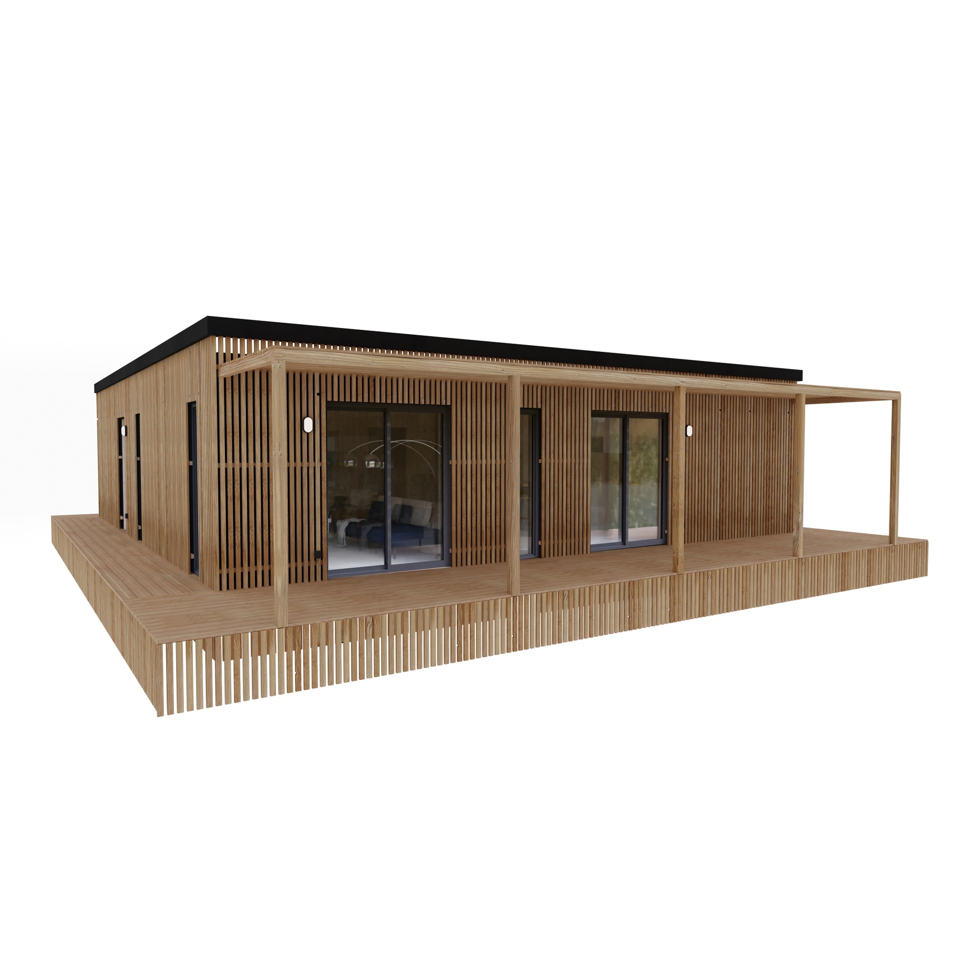Maison ossature bois Greenkub M100C, 100 m² de plain-pied, façade bardage mixte Viroc et bois Douglas