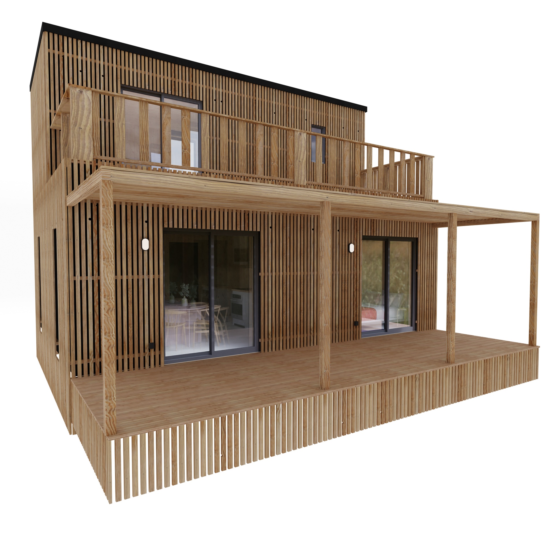 Maison ossature bois Greenkub M60T, 60 m² à étage, façade bardage mixte Viroc et bois Douglas