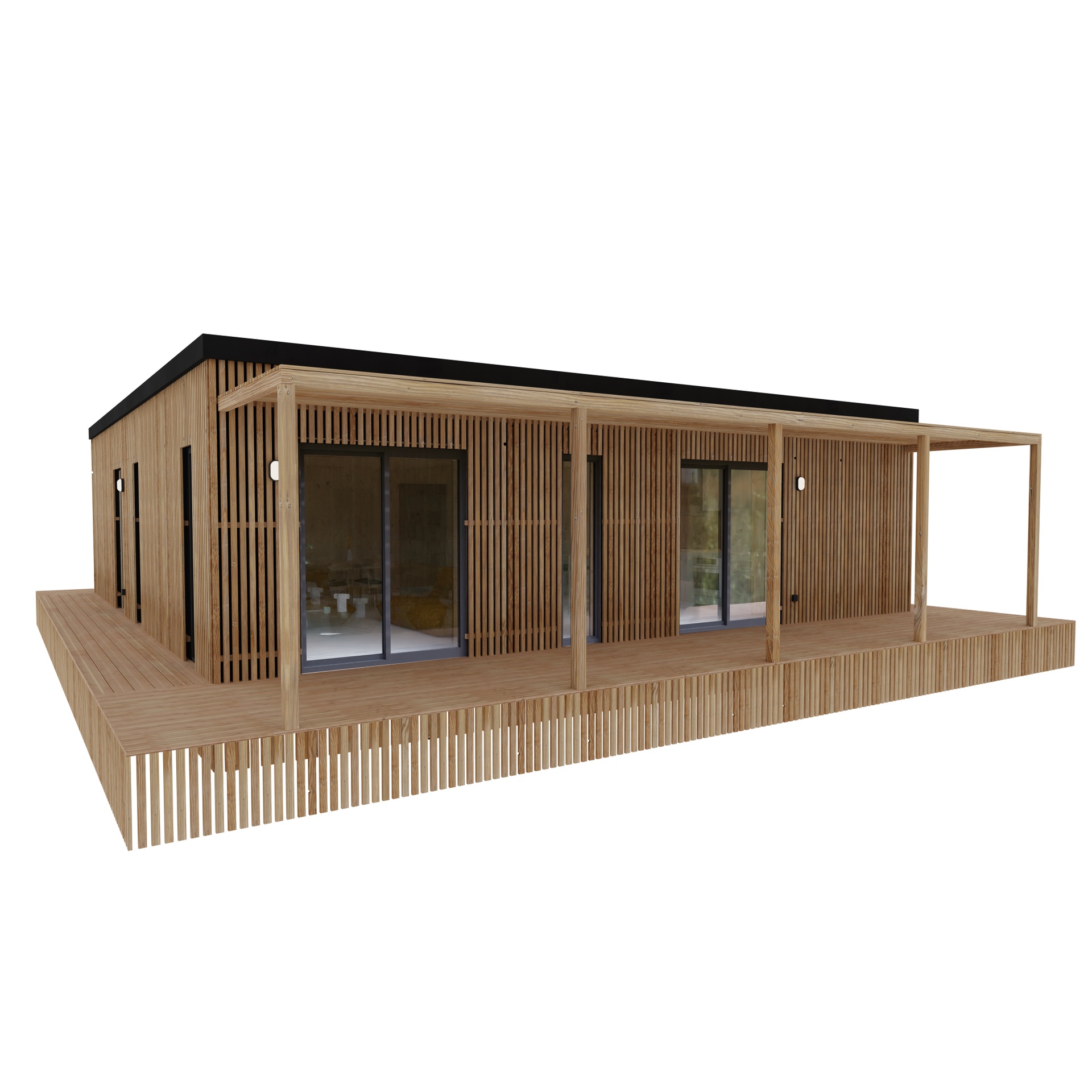 Maison ossature bois Greenkub M90C, 90 m² de plain-pied, façade bardage mixte Viroc et bois Douglas