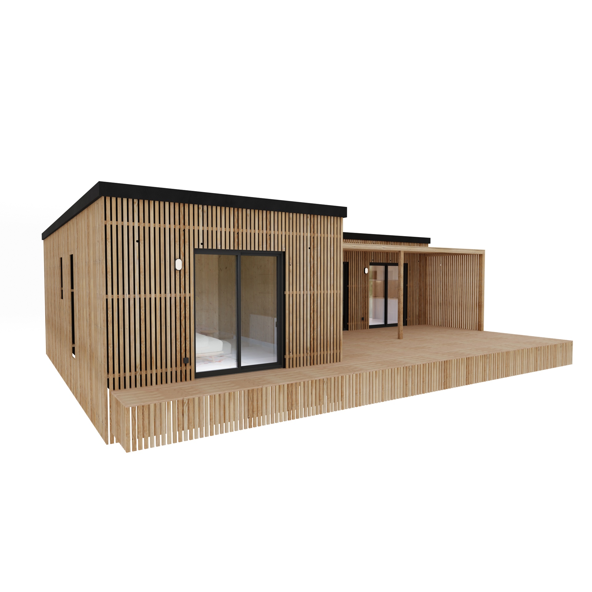 Maison ossature bois Greenkub M70L, 70 m² de plain-pied, façade bardage mixte Viroc et bois Douglas