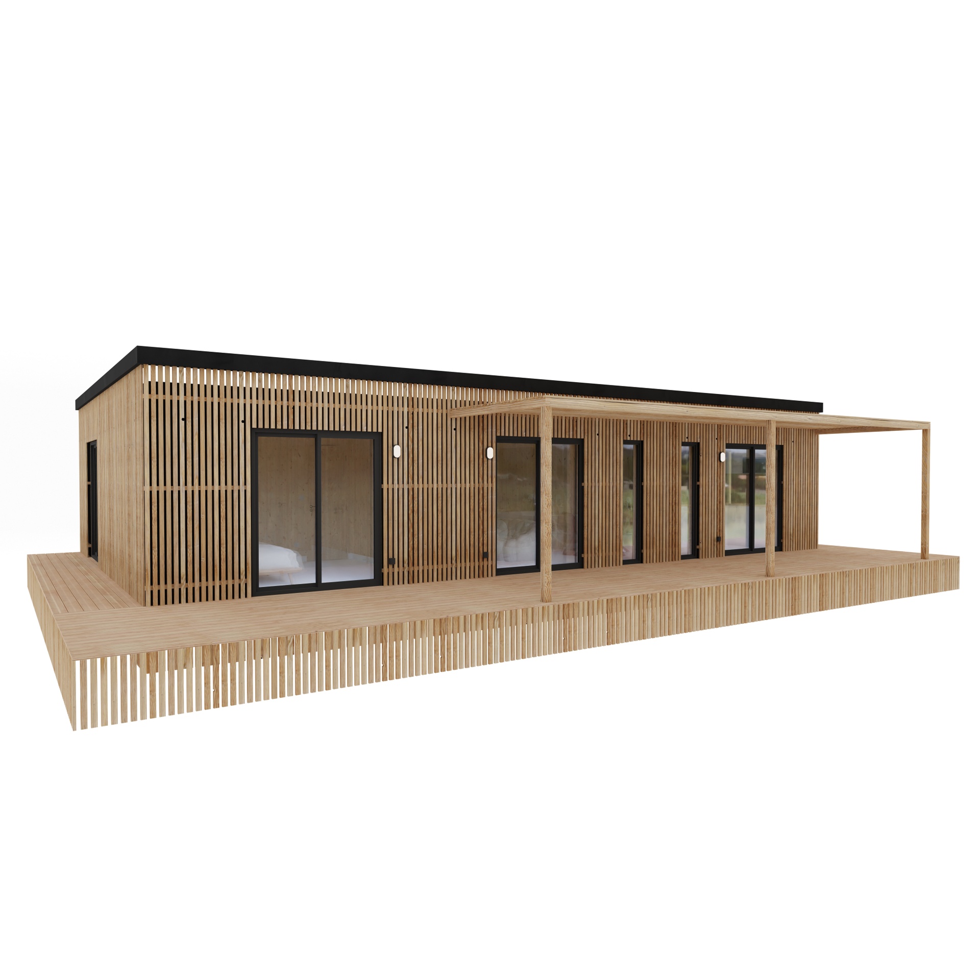 Maison ossature bois Greenkub M90R, 90 m² de plain-pied, façade bardage mixte Viroc et bois Douglas