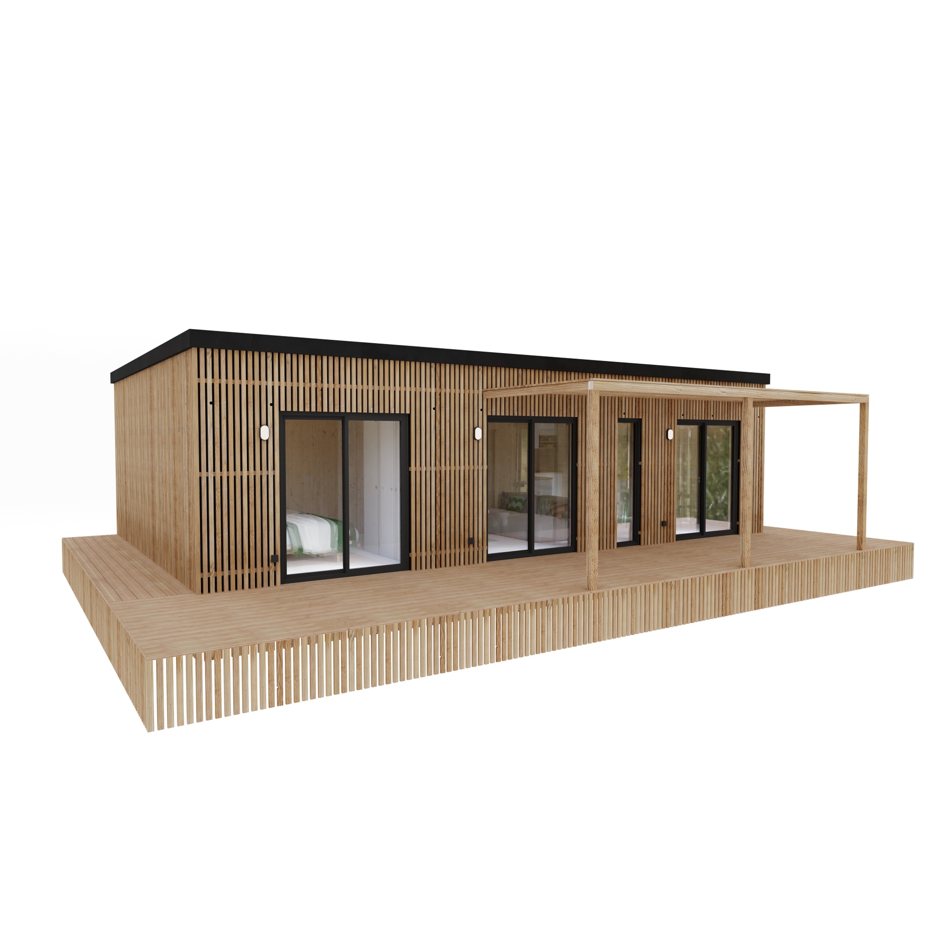 Maison ossature bois Greenkub M60R, 60 m² de plain-pied, façade bardage mixte Viroc et bois Douglas