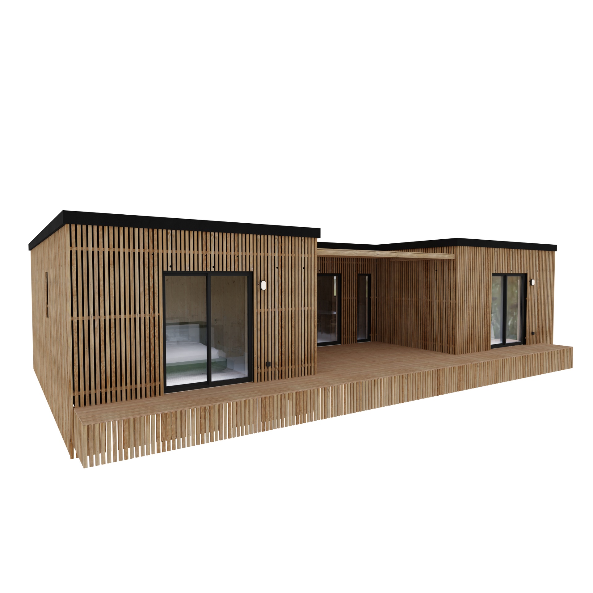 Maison ossature bois Greenkub M90U, 90 m² de plain-pied, façade bardage mixte Viroc et bois Douglas