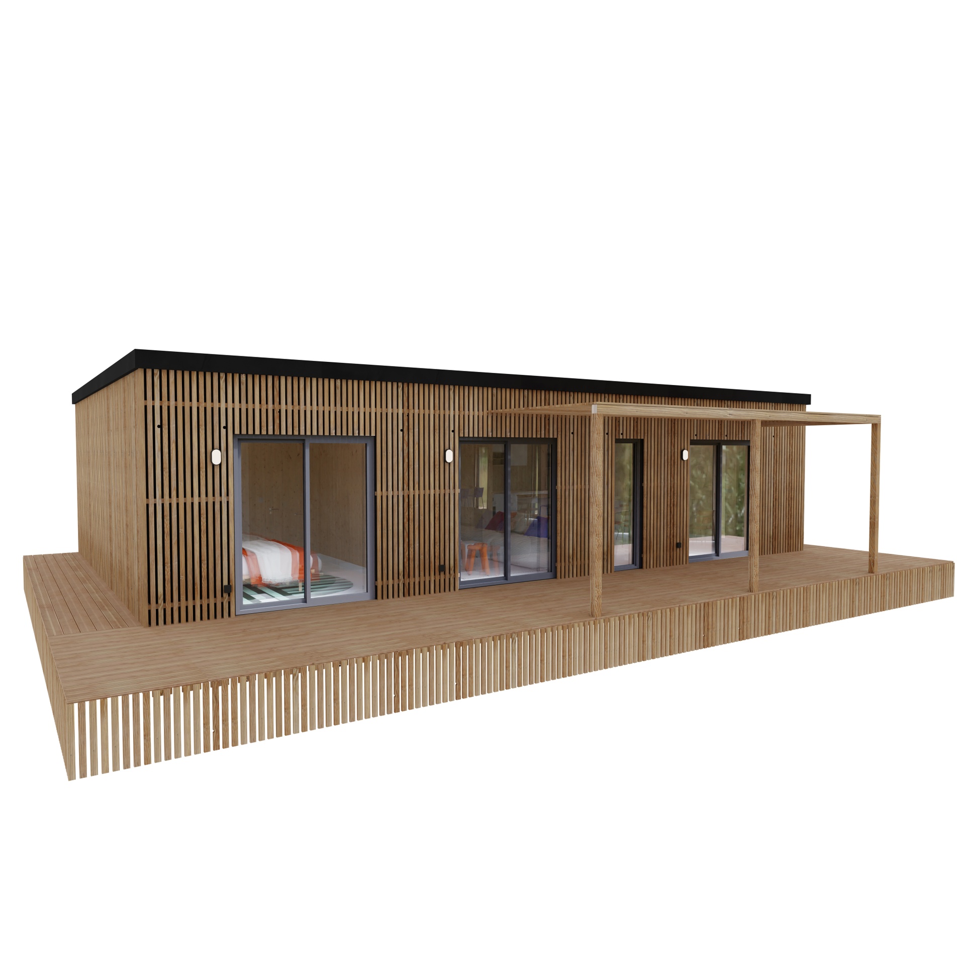 Maison ossature bois Greenkub M80R, 80 m² de plain-pied, façade bardage mixte Viroc et bois Douglas