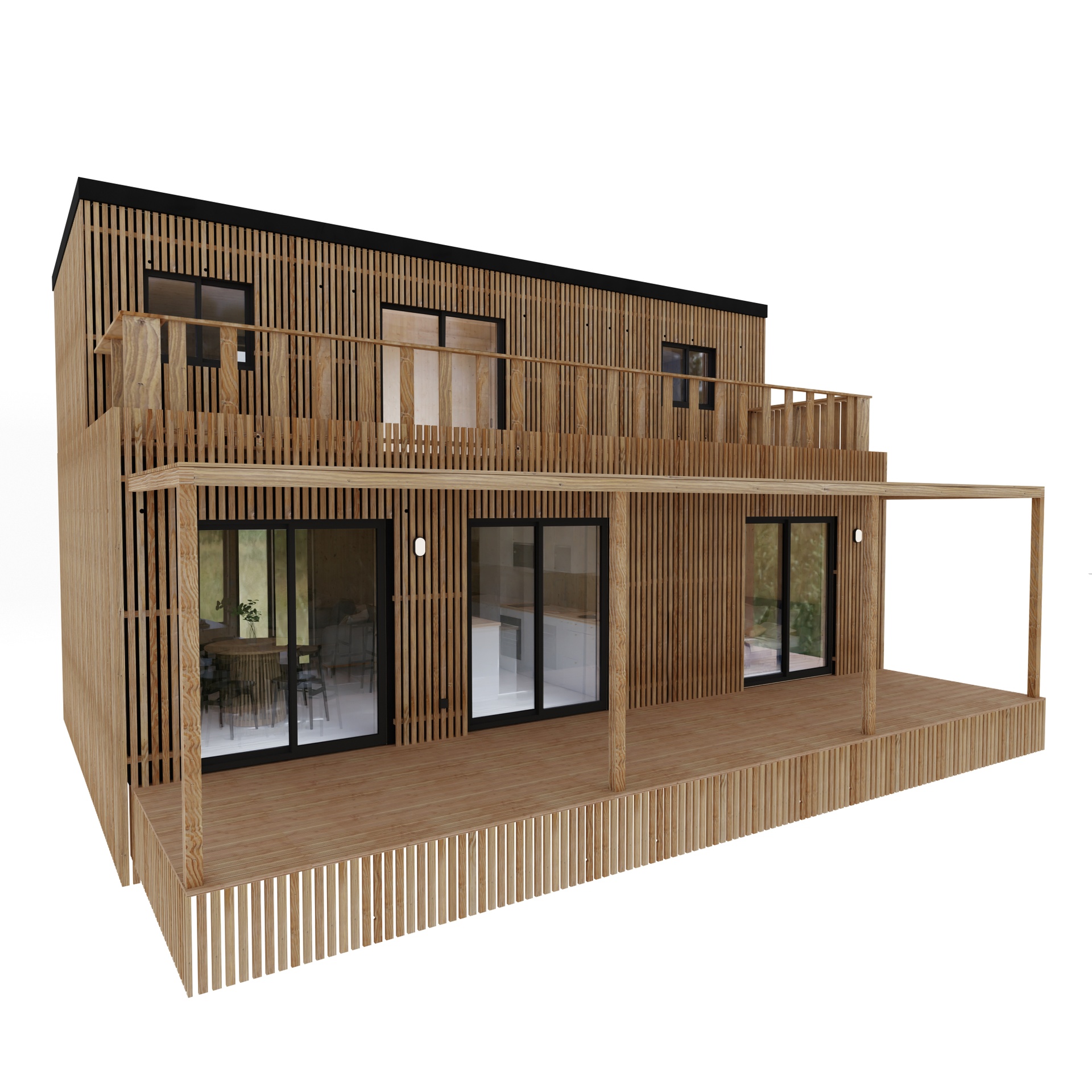 Maison ossature bois Greenkub M90T, 90 m² à étage, façade bardage mixte Viroc et bois Douglas