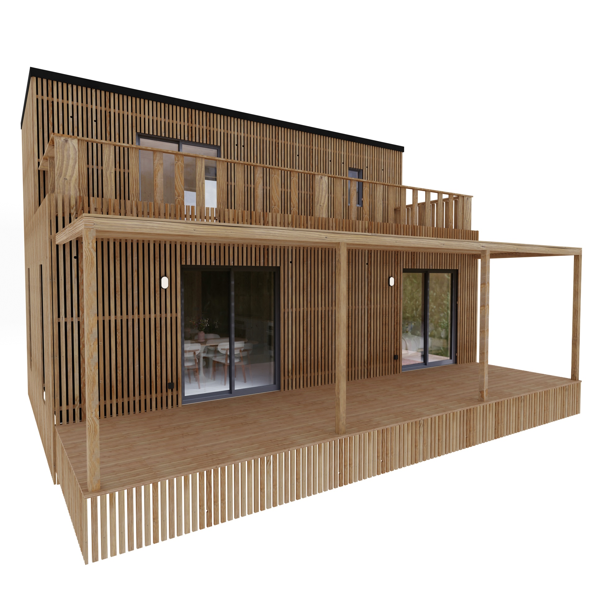 Maison ossature bois Greenkub M70T, 70 m² à étage, façade bardage mixte Viroc et bois Douglas