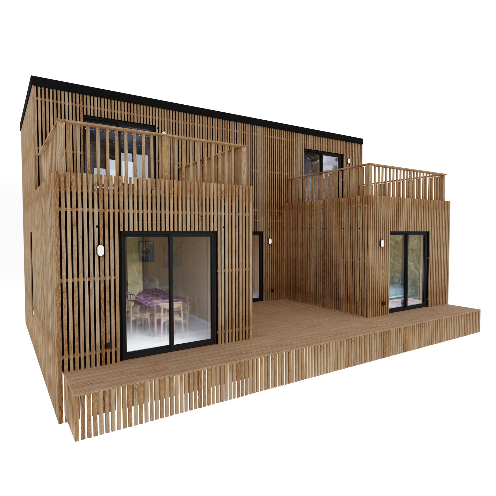 Maison ossature bois Greenkub M100TU, 100 m² à étage, façade bardage mixte Viroc et bois Douglas