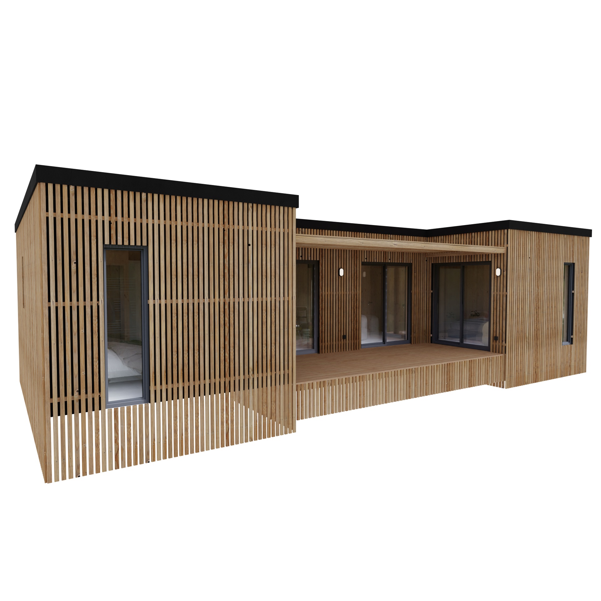 Maison ossature bois Greenkub M80V, 80 m² de plain-pied, façade bardage mixte Viroc et bois Douglas