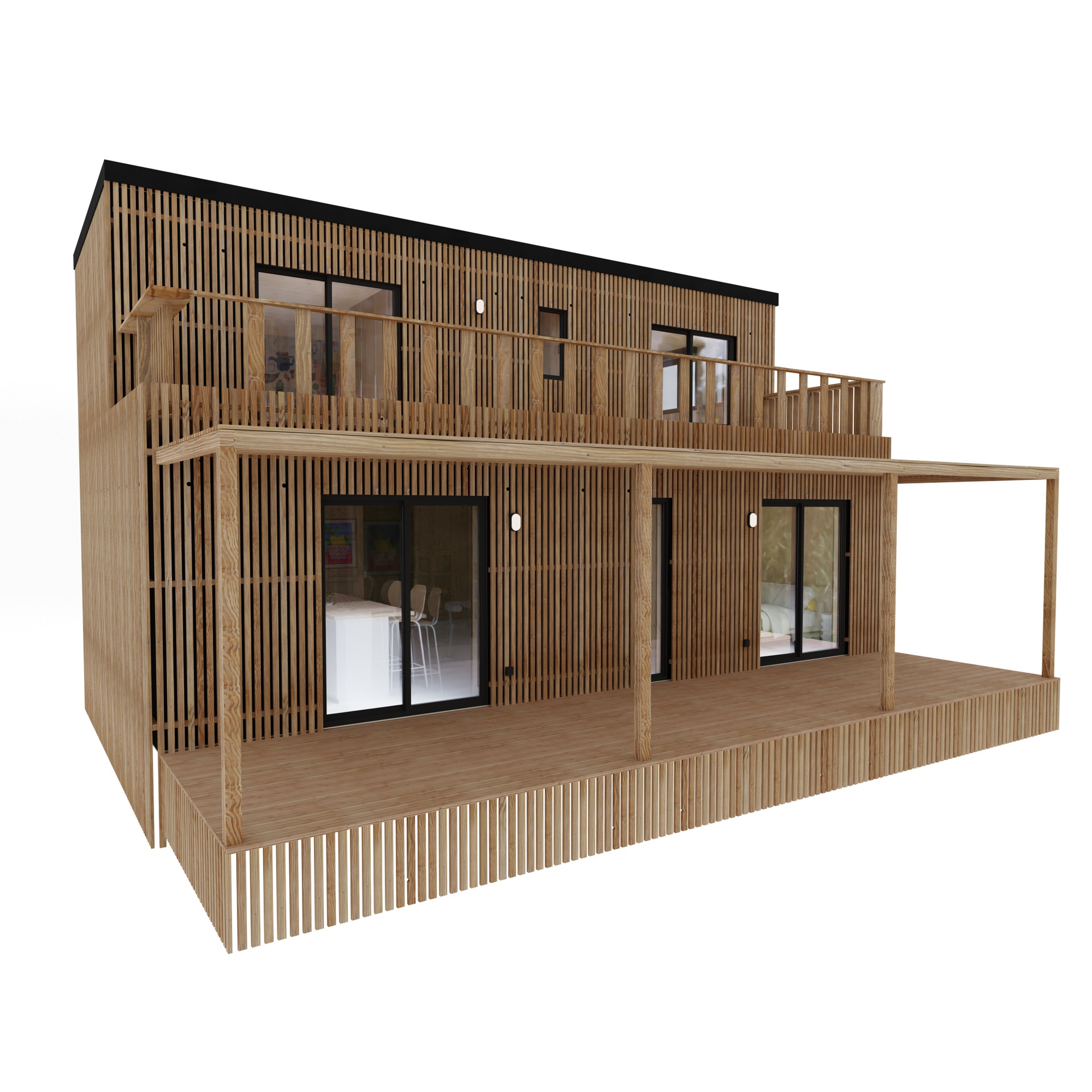 Maison ossature bois Greenkub M80T, 80 m² à étage, façade bardage mixte Viroc et bois Douglas