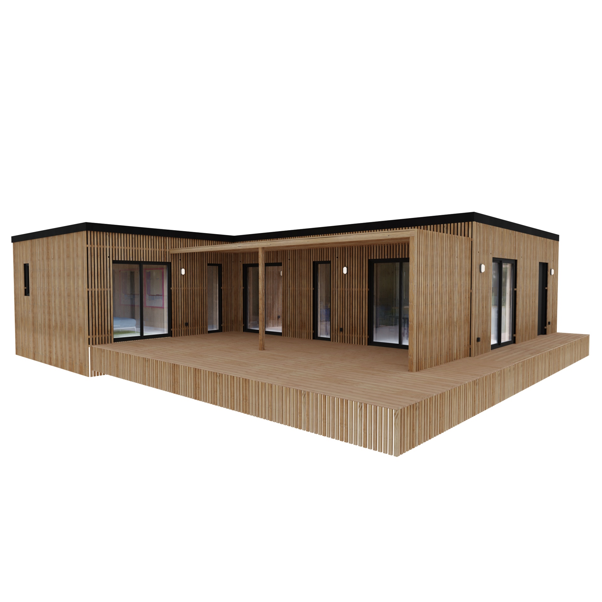 Maison ossature bois Greenkub M100L, 100 m² de plain-pied, façade bardage mixte Viroc et bois Douglas